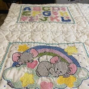 Vintage 1970s Crib Baby Coverlet Embroidery Needlepoint Novelty Quilted Blanket